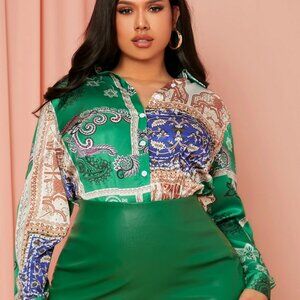 SHEIN Curve Plus Women 1XL Long Sleeve Button Collar Printed Green Shirt Blouse
